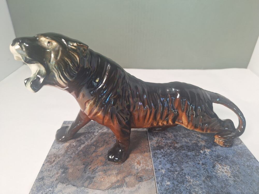 Vintage Mid Century Roaring Tiger Figurine Ceramic Black Brown Drip Glaze Japan